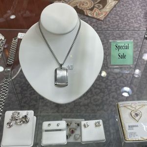 Stainless steel curb chain and stainless steel engravable dog tag.